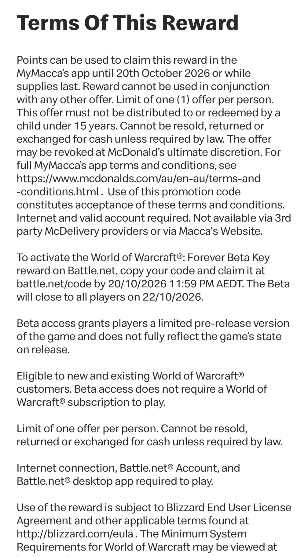 麦当劳奖励条款截图:兑换码须在 10 月 20 日前激活,Beta 将于 10 月 22 日关闭 麦当劳奖励条款截图:兑换码须在 10 月 20 日前激活,Beta 将于 10 月 22 日关闭