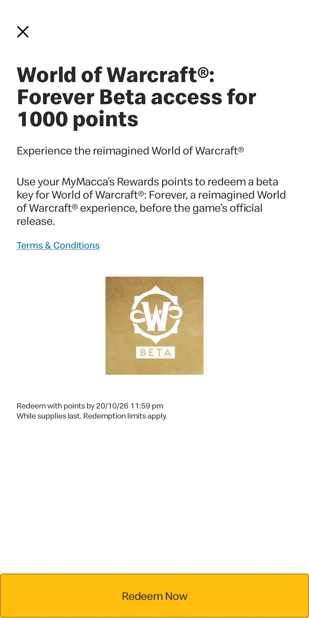 麦当劳 App 奖励详情页:World of Warcraft: Forever Beta access for 1000 points,兑换截止 20/10/26 麦当劳 App 奖励详情页:World of Warcraft: Forever Beta access for 1000 points,兑换截止 20/10/26