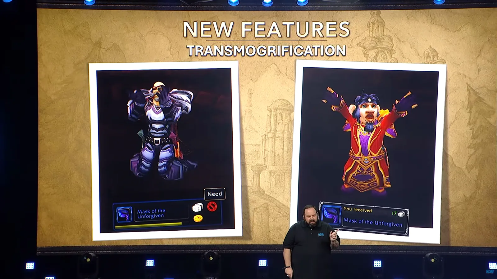 BlizzCon 现场幻灯片:左边是需要点「Need」掷骰的窗口,右边直接提示 You received BlizzCon 现场幻灯片:左边是需要点「Need」掷骰的窗口,右边直接提示 You received