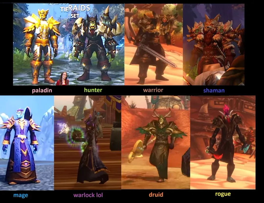 各职业 T1 套装外观一览（Wowhead 早前挖掘的海加尔团本套装模型）
