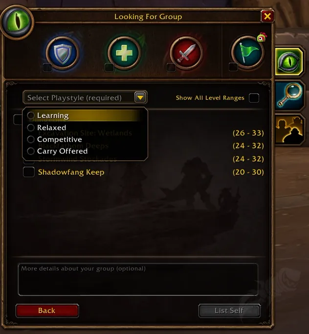 魔兽无限 LFG 面板新增的玩法风格选项